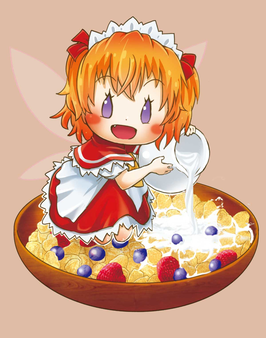 ascot blue_eyes blueberry blush bowl capelet cereal chamaji eyebrows_visible_through_hair fairy_wings fang food fruit headdress highres kneeling open_mouth orange_hair pitcher pouring raspberry short_hair short_sleeves simple_background skirt solo sunny_milk touhou wings