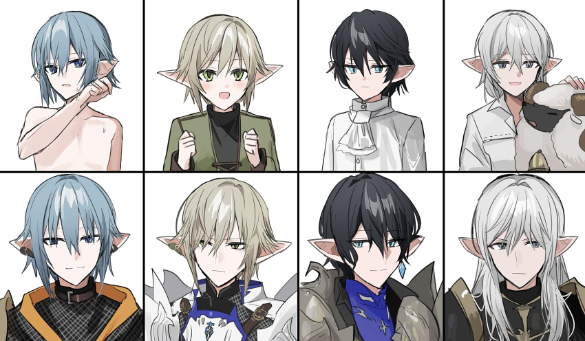 4boys :d aged_down animal armor aymeric_de_borel black_hair black_shirt blue_eyes breastplate brown_hair chainmail chihuri closed_mouth ear_piercing earrings estinien_varlineau final_fantasy final_fantasy_xiv green_eyes green_jacket grey_eyes grey_hair hair_between_eyes haurchefant_greystone highres jacket jewelry male_focus multiple_boys nude piercing pointy_ears sheep shirt smile sweat white_background white_shirt zephirin_de_valhourdin