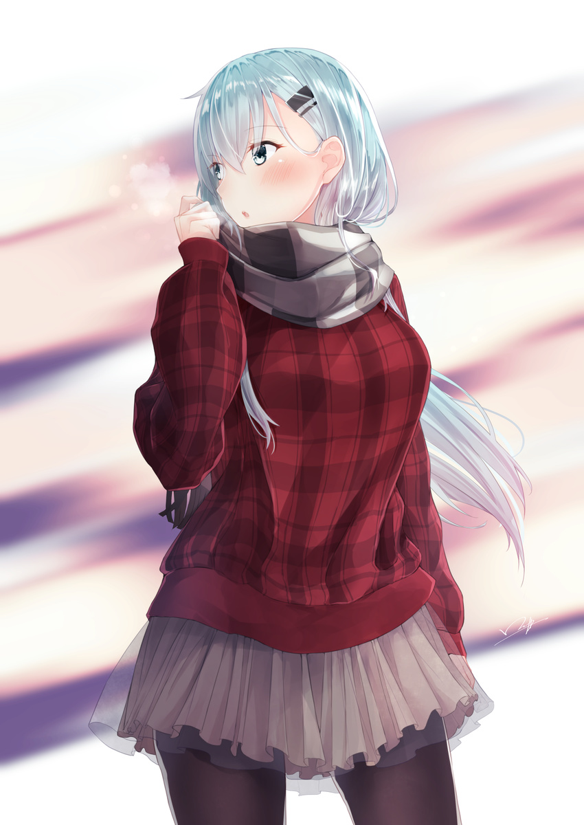alternate_costume aqua_eyes aqua_hair arm_at_side arm_up black_legwear blurry blush breath commentary_request depth_of_field eyebrows_visible_through_hair eyes_visible_through_hair floating_hair grey_scarf hair_between_eyes hair_ornament hairclip highres holding_scarf kantai_collection layered_skirt long_hair long_sleeves looking_away open_mouth outdoors pantyhose pleated_skirt scarf signature skirt solo suzuya_(kantai_collection) sweater warming_hands wind yukai_nao
