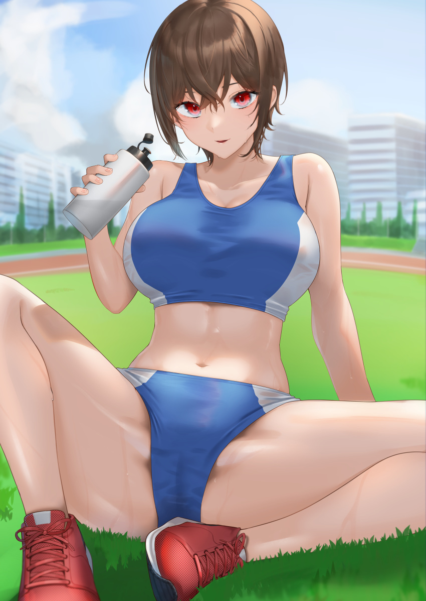 1girl absurdres bare_arms blue_buruma blue_sports_bra bottle breasts brown_hair building buruma cloud grass hair_between_eyes highres holding holding_bottle large_breasts midriff navel original parted_lips red_eyes red_footwear running_track rushian shadow shoes short_hair sky sneakers solo sports_bra sportswear stomach sweat water_bottle