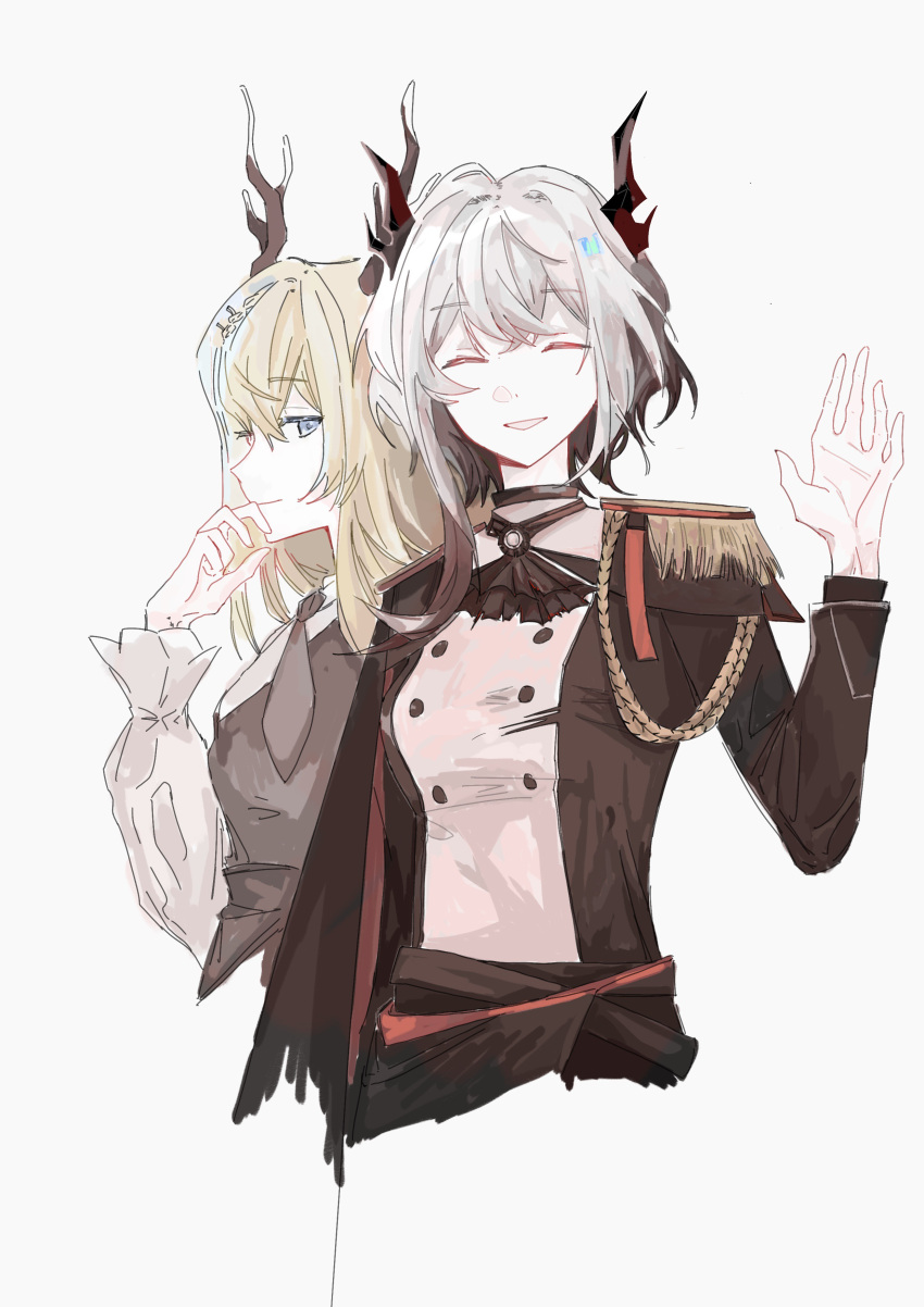 2girls :d absurdres aiguillette alina_(arknights) antlers arknights ascot bad_hands black_ascot black_horns black_jacket blonde_hair blue_eyes brown_dress brown_necktie buttons chinese_commentary closed_eyes closed_mouth commentary_request cropped_torso deer_antlers deer_girl double-breasted dress epaulettes facing_viewer hair_between_eyes hand_to_own_mouth hand_up highres horns jacket long_hair long_sleeves looking_at_viewer military_uniform moshang49889_(mo_shang) multiple_girls necktie open_mouth profile sideways_glance simple_background smile talulah_(arknights) unfinished uniform upper_body waving white_background white_hair white_jacket