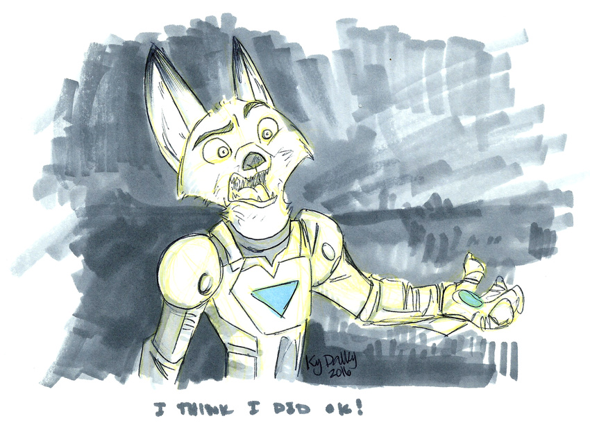 2016 4_fingers abstract_background anthro armor canine colored_sketch dialogue dipstick_ears disney english_text fox half-length_portrait iron_man ky-jane machine male mammal marker_(artwork) marvel nick_wilde open_mouth outstretched_arm portrait power_armor raised_eyebrow signature solo text traditional_media_(artwork) zootopia