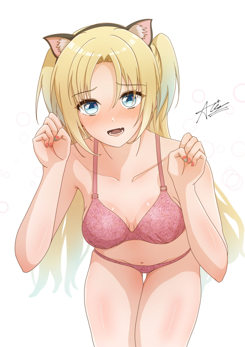 1girl animal_ears blonde_hair blush bra breasts cat_ears collarbone commentary fake_animal_ears fang gradient_hair highres iariaiki_(stareikachan) link!_like!_love_live! long_hair looking_at_viewer love_live! lower_teeth_only medium_breasts multicolored_hair nail_polish navel open_mouth osawa_rurino panties paw_pose pink_bra pink_panties raised_eyebrows red_nails signature skin_fang solo stomach teeth twintails underwear underwear_only