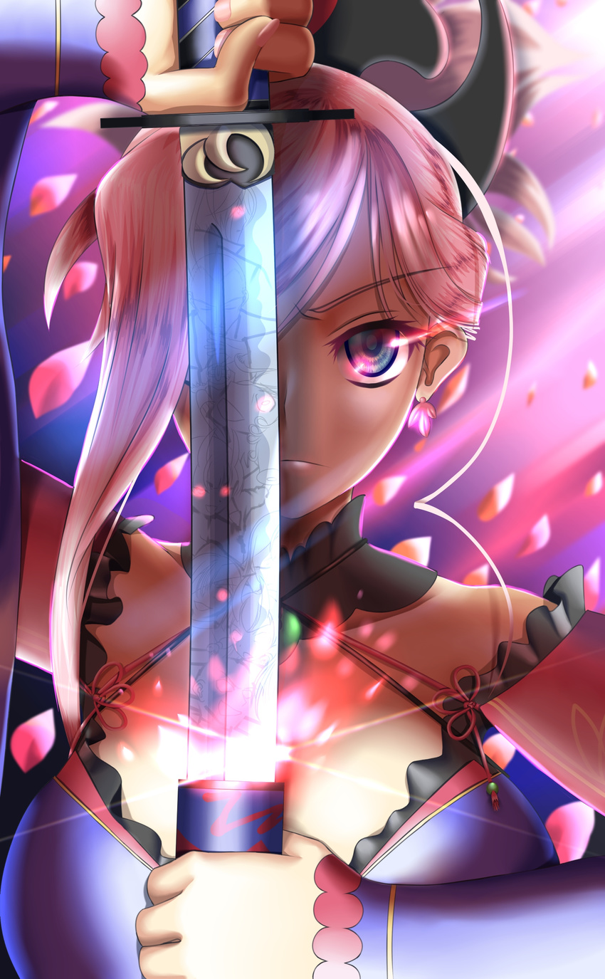 1girl absurdres arm_up asymmetrical_hair bangs bare_shoulders blue_eyes blue_kimono breasts close-up closed_mouth detached_sleeves earrings eyebrows_visible_through_hair face fate/grand_order fate_(series) glint hair_over_one_eye highres holding holding_sword holding_weapon japanese_clothes jewelry katana kimono leaf_print light_beam long_sleeves looking_at_viewer magatama medium_breasts miyamoto_musashi_(fate/grand_order) motion_blur obi petals pink_hair ponytail red_ribbon ribbon sash serious sheath short_kimono sleeveless sleeveless_kimono solo swept_bangs sword unsheathed unsheathing upper_body weapon