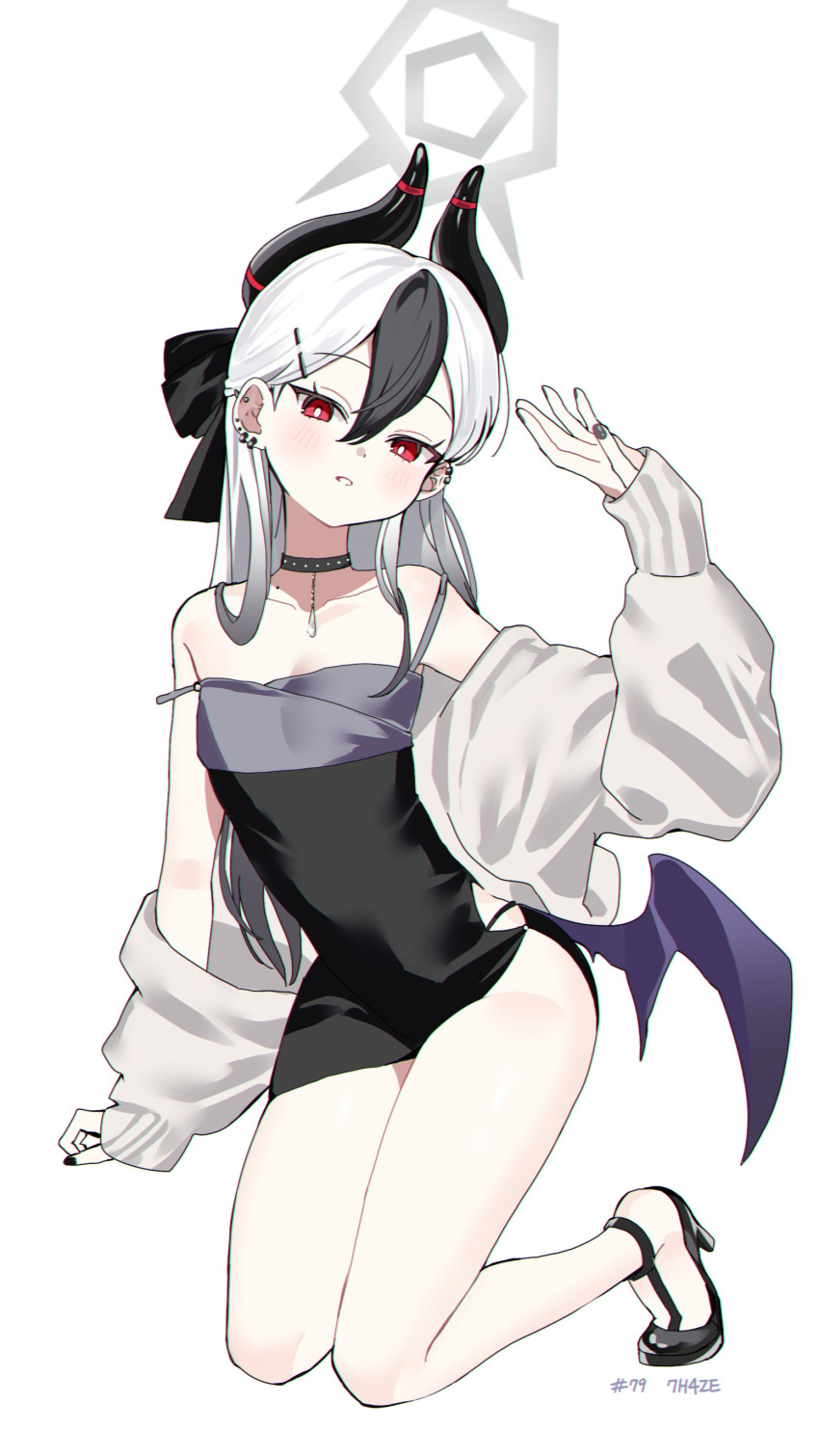 1girl absurdres bare_legs bare_shoulders black_bow black_footwear black_hair blue_archive bow breasts bright_pupils cleavage colored_bangs demon_wings double-parted_bangs dress ear_piercing full_body grey_choker grey_nails hair_between_eyes hair_bow hair_ornament hairclip halo high_heels highres horns kayoko_(blue_archive) kneeling long_hair looking_at_viewer low_wings multicolored_hair off_shoulder ohw8g parted_lips piercing red_eyes shirt small_breasts two-tone_hair white_hair white_pupils white_shirt wings