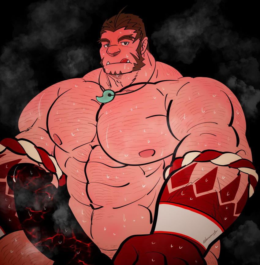 1boy :q absurdres alternate_pectoral_size bara blank_censor censored colored_skin completely_nude cowboy_shot erection forked_eyebrows gradient_skin hachimaki hairy headband highres huge_pectorals huge_penis jewelry large_hands looking_at_viewer magatama magatama_necklace male_focus mature_male muscular muscular_male mutton_chops necklace nejiri_hachimaki nude penis precum precum_drip red_skin short_hair solo sparse_arm_hair sparse_chest_hair strongman_waist sweat taigaabozusukii tajikarao_(housamo) thick_arms thick_eyebrows tokyo_afterschool_summoners tongue tongue_out tusks veins veiny_penis very_sweaty