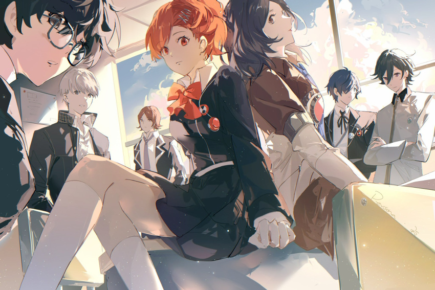 2girls 5boys amamiya_ren black-framed_eyewear black_eyes black_hair black_jacket black_ribbon black_skirt blue_hair bow bowtie brown_eyes brown_hair chair chromatic_aberration classroom cloud cloudy_sky collared_shirt crossed_arms crossed_legs day desk earrings gekkoukan_high_school_uniform glasses grey_jacket hair_between_eyes hair_ornament hair_over_one_eye hairclip headphones headphones_around_neck highres indoors jacket jewelry kneehighs light_particles long_sleeves looking_at_viewer multiple_boys multiple_girls narukami_yuu neck_ribbon necktie on_desk open_clothes open_jacket orange_hair parted_lips persona persona_1 persona_2 persona_2_batsu persona_2_tsumi persona_3 persona_4 persona_5 ponytail purple_eyes purple_necktie r5_(yexinr5) red_bow red_eyes ribbon school_desk school_uniform seven_sisters_high_school_uniform shiomi_kotone shirt short_hair shuujin_academy_school_uniform sitting sitting_on_desk skirt sky smile socks sonomura_maki st._hermelin_school_uniform suou_tatsuya toudou_naoya white_hair white_shirt white_socks window yasogami_school_uniform yuuki_makoto_(persona_3)