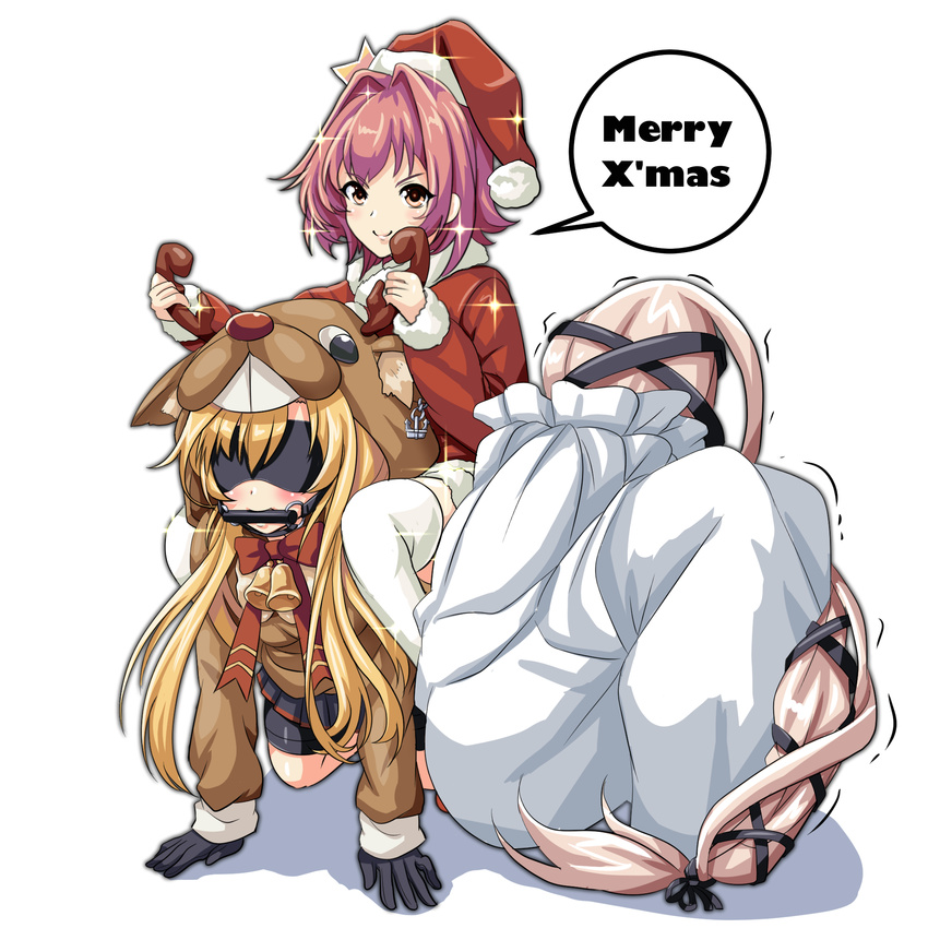 abukuma_(kantai_collection) antlers bdsm bondage bound capelet christmas commentary_request dress english fur_trim gag gagged gift gloves hair_ribbon hair_rings hat highres kantai_collection kinu_(kantai_collection) long_hair merry_christmas multiple_girls pink_hair ponytail red_dress red_hair ribbon sack santa_costume santa_hat short_hair smile speech_bubble tk8d32 twintails very_long_hair yura_(kantai_collection)