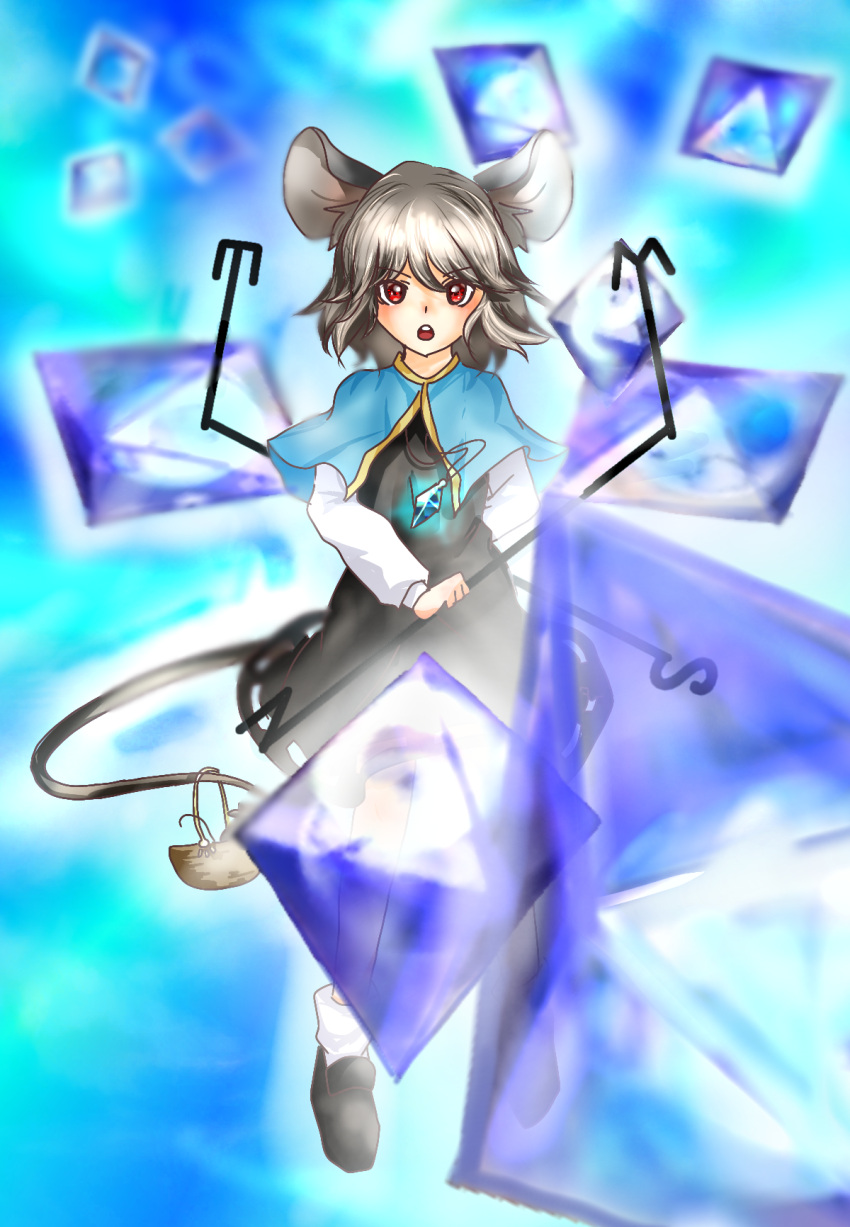 1girl animal_ears blue_cape cape capelet gem grey_hair highres looking_at_viewer medium_hair mouse_ears mouse_girl mouse_tail nazrin red_eyes shee_take solo tail touhou