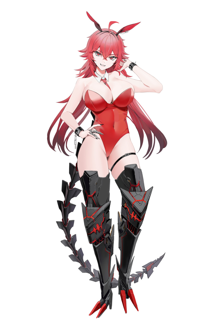 1girl armored_boots belt boots bracelet breasts broken_handcuffs claw_ring covered_navel ear_piercing earrings full_body goddess_of_victory:_nikke guriddopitto highres jewelry large_breasts mechanical_legs mechanical_tail nihilister_(nikke) piercing playboy_bunny red_hair rigging solo spiked_bracelet spikes tail thigh_belt thigh_strap