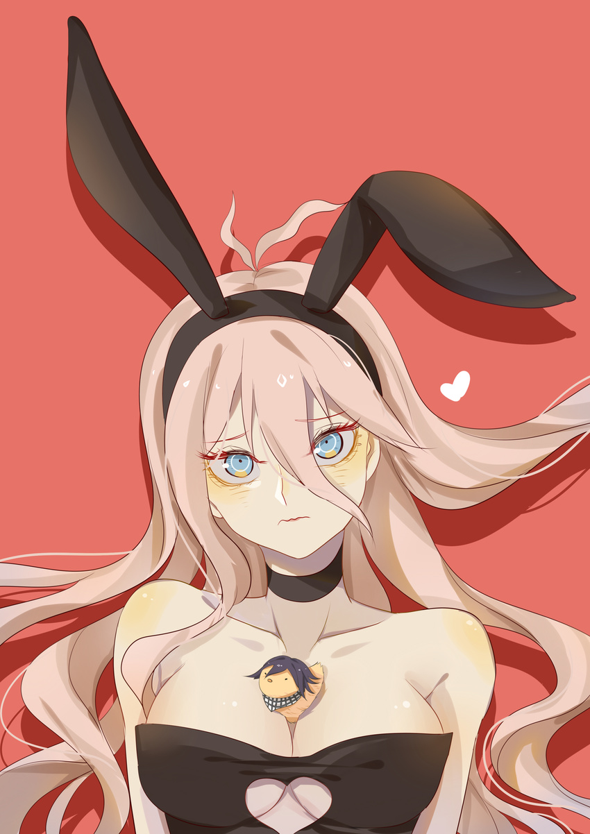 1girl absurdres ahoge animal_ears between_breasts bird blue_eyes blush breasts bunny_ears checkered checkered_scarf choker cleavage danganronpa heart highres iruma_miu long_hair looking_at_viewer medium_breasts mori_(519378803) new_danganronpa_v3 orange_hair ouma_kokichi purple_hair scarf short_hair