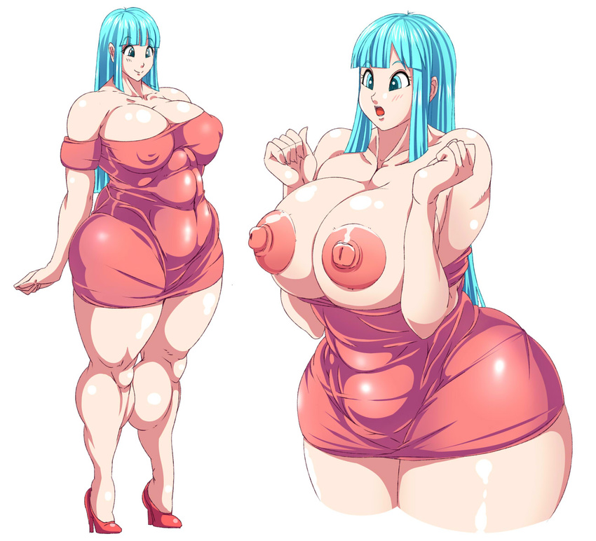 1girl blue_hair breasts cleavage dragon_ball high_heels long_hair nipples solo tagme thick_thighs