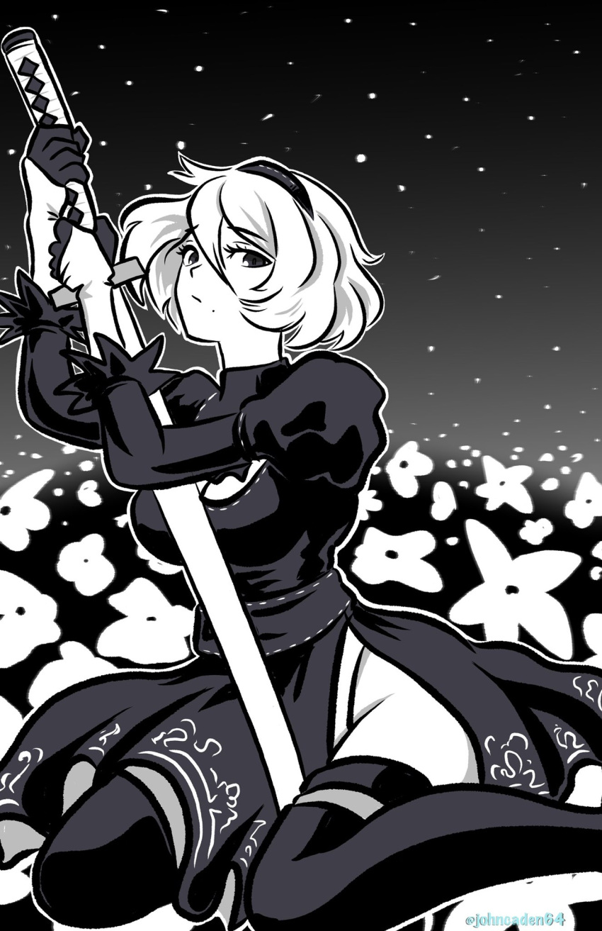 1girl 2b_(nier:automata) :/ breasts cleavage closed_mouth feet_out_of_frame gloves greyscale hairband half_gloves highres holding holding_sword holding_weapon johncaden juliet_sleeves katana large_breasts long_sleeves looking_at_viewer mole mole_under_mouth monochrome nier:automata nier_(series) no_panties planted planted_sword puffy_sleeves shirt short_hair side_slit sitting skirt sky solo star_(sky) starry_sky sword thighhighs thighs twitter_username wariza weapon
