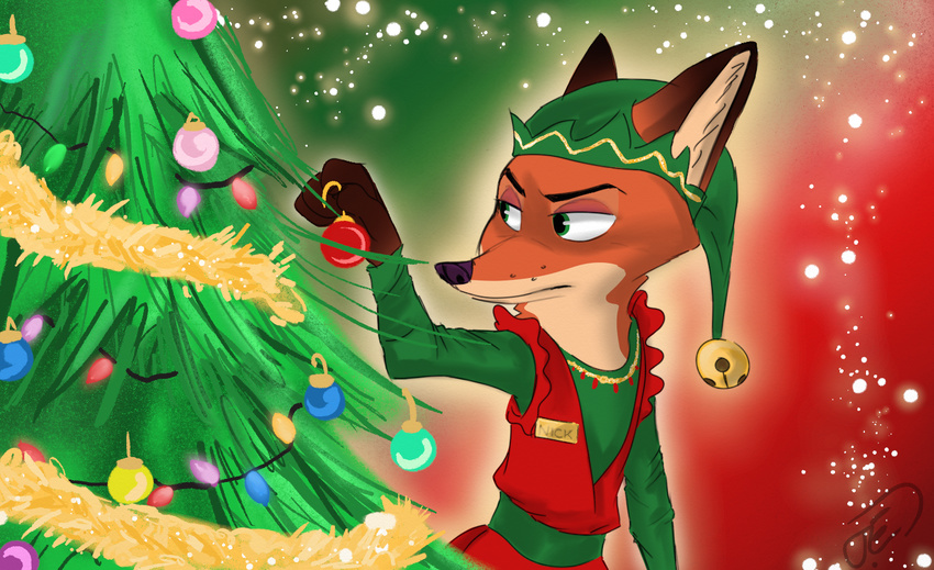 2016 4_fingers anthro bell canine christmas christmas_bauble christmas_decorations christmas_lights christmas_tree clothed clothing costume dipstick_ears disney fox fur furgonomics garland gloves_(marking) green_eyes hat holding_object holidays inner_ear_fluff looking_back male mammal markings name_tag nick_wilde orange_fur purple_nose red_background signature simple_background solo trashasaurusrex tree zootopia