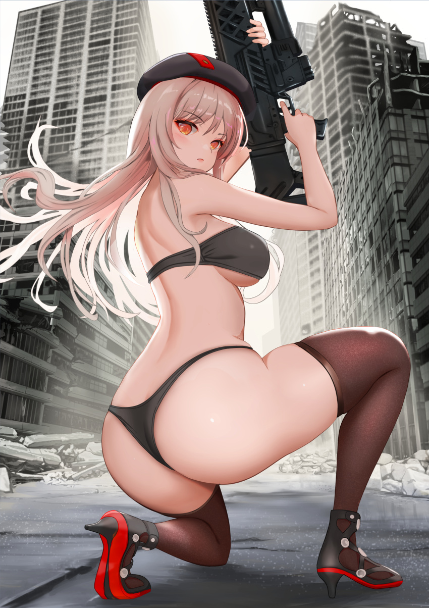 1girl absurdres ass assault_rifle backlighting beret black_bra black_footwear black_panties bra breasts brown_thighhighs city closed_mouth commentary_request expressionless floating_hair from_behind full_body gibun_(sozoshu) gloves goddess_of_victory:_nikke gun hat high_heels highres holding holding_gun holding_weapon large_breasts looking_at_viewer looking_back military on_one_knee outdoors panties pink_hair pouch rapi_(nikke) red_eyes revision rifle ruins skindentation solo thighhighs thighs thong underwear underwear_only uniform weapon