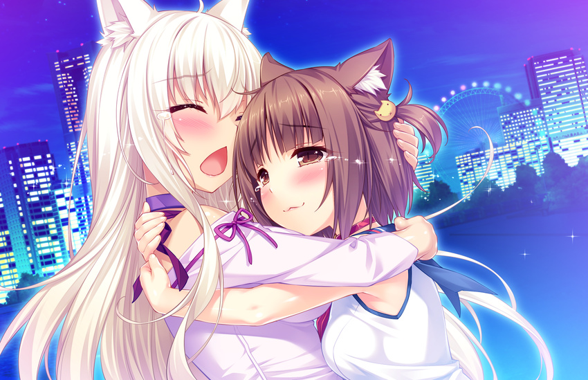 2girls animal_ears azuki_(sayori) blonde_hair blush brown_eyes brown_hair building cat_smile catgirl city coconut_(sayori) collar game_cg hug long_hair nekopara night sayori short_hair tears