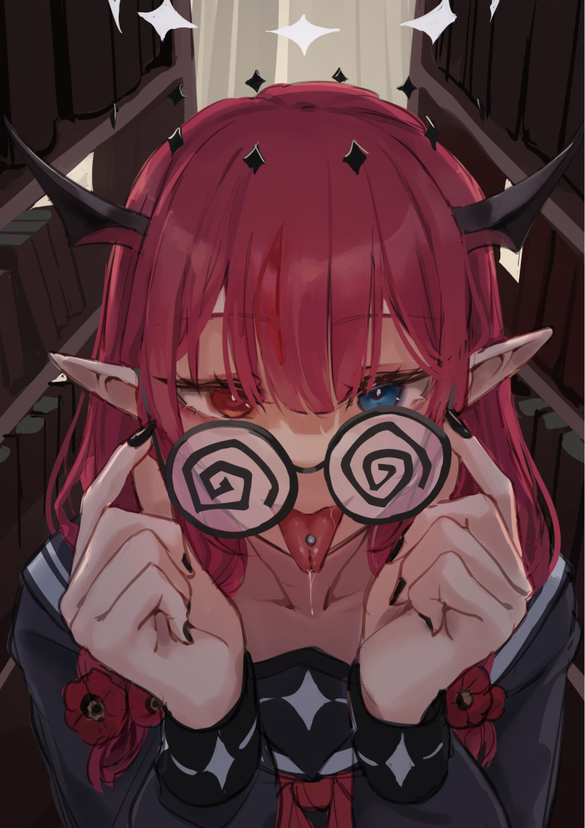 1girl black_nails blue_eyes braid coke-bottle_glasses glasses heterochromia highres hololive hololive_english horns irys_(gaming_casual)_(hololive) irys_(hololive) looking_at_viewer mochiyuki_(gigfor1) nail_polish piercing pointy_ears red_eyes red_hair saliva school_uniform serafuku solo tongue tongue_out tongue_piercing twin_braids upper_body virtual_youtuber