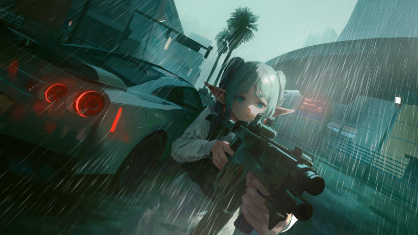 1girl absurdres assault_rifle black_vest building car city cloud cloudy_sky commentary_request dangle_earrings drop_earrings earrings elf frieren green_eyes grey_hair gun highres holding holding_gun holding_weapon jewelry making-of_available motor_vehicle nissan nissan_gt-r outdoors palm_tree pointy_ears rain rifle sky solo sousou_no_frieren traffic_light tree twintails vest weapon wet yao_liao_wang