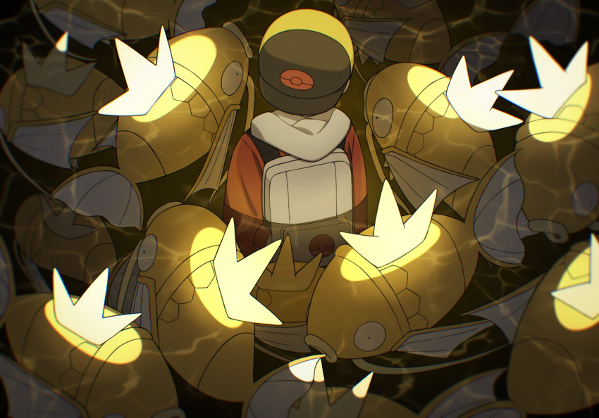 1boy alternate_color backpack backwards_hat bag baseball_cap ethan_(pokemon) fish hat highres hood hood_down hooded_jacket huyugmy jacket magikarp male_focus pokemon pokemon_(creature) pokemon_gsc shiny_pokemon wading water