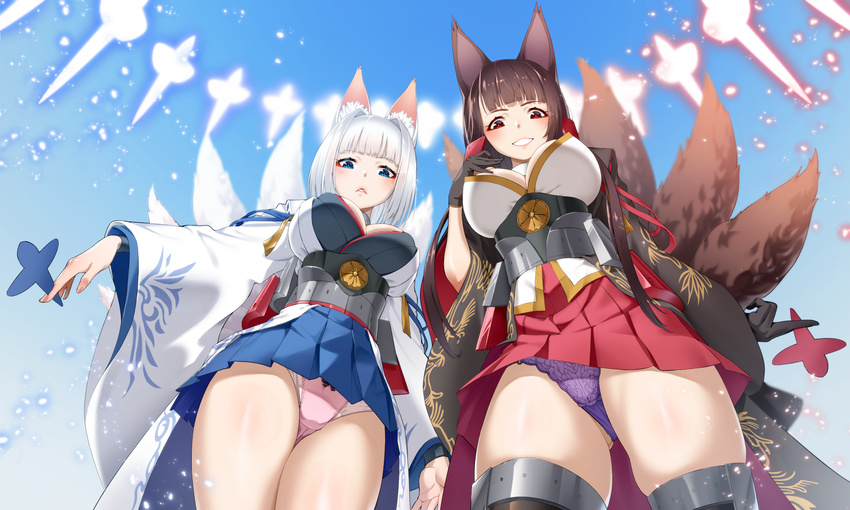 :d akagi_(azur_lane) animal_ears ass_visible_through_thighs azur_lane bangs between_fingers blue_eyes blue_skirt blue_sky blunt_bangs blush bob_cut breasts brown_hair cameltoe corset day fox_ears fox_tail from_below glowing grin hair_ornament hairclip hand_on_own_chest highres holding japanese_clothes kaga_(azur_lane) kimono kitsune large_breasts light_particles long_hair long_sleeves looking_at_viewer looking_down miniskirt multiple_girls open_mouth outdoors panties pantyshot pantyshot_(standing) parted_lips pink_panties pleated_skirt purple_panties red_eyes red_skirt saruchitan shikigami silver_hair skindentation skirt sky smile standing tail teeth thighs underboob underbust underwear very_long_hair white_kimono wide_sleeves