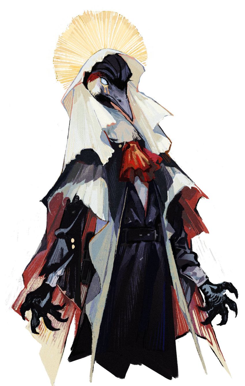 1girl absurdres ascot beak belt bird_girl black_jacket black_skirt blue_eyes claws cloak cowboy_shot cropped_torso from_side furry furry_female halo halo_behind_head highres jacket long_sleeves looking_at_viewer nightcrow original red_ascot simple_background skirt skirt_set solo spread_fingers standing tears two-sided_fabric veil white_background white_cloak white_veil