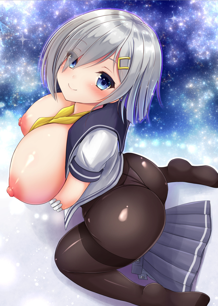 arms_under_breasts ass between_breasts black_legwear blue_eyes blush breast_hold breasts curvy eyebrows_visible_through_hair eyes_visible_through_hair gloves hair_ornament hair_over_one_eye hairclip hamakaze_(kantai_collection) highres huge_breasts huge_nipples kantai_collection looking_at_viewer looking_up neckerchief nipples okatora open_clothes open_shirt panties panties_under_pantyhose pantyhose pleated_skirt school_uniform serafuku shadow shiny shiny_hair shiny_skin short_hair silver_hair skirt skirt_removed smile solo thong underwear white_gloves yellow_neckwear