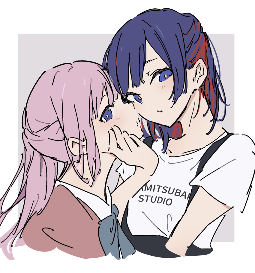 2girls atenaba blue_bow blue_bowtie blue_hair blush bow bowtie cheek_squash collared_shirt forehead-to-forehead grey_background hand_on_another's_face heads_together highres kaf_(kamitsubaki_studio) kamitsubaki_studio medium_hair multicolored_hair multiple_girls pink_hair pink_sweater ponytail red_hair rim_(kamitsubaki_studio) shirt short_sleeves streaked_hair suspenders sweater two-tone_background upper_body white_background white_shirt yellow_pupils yuri