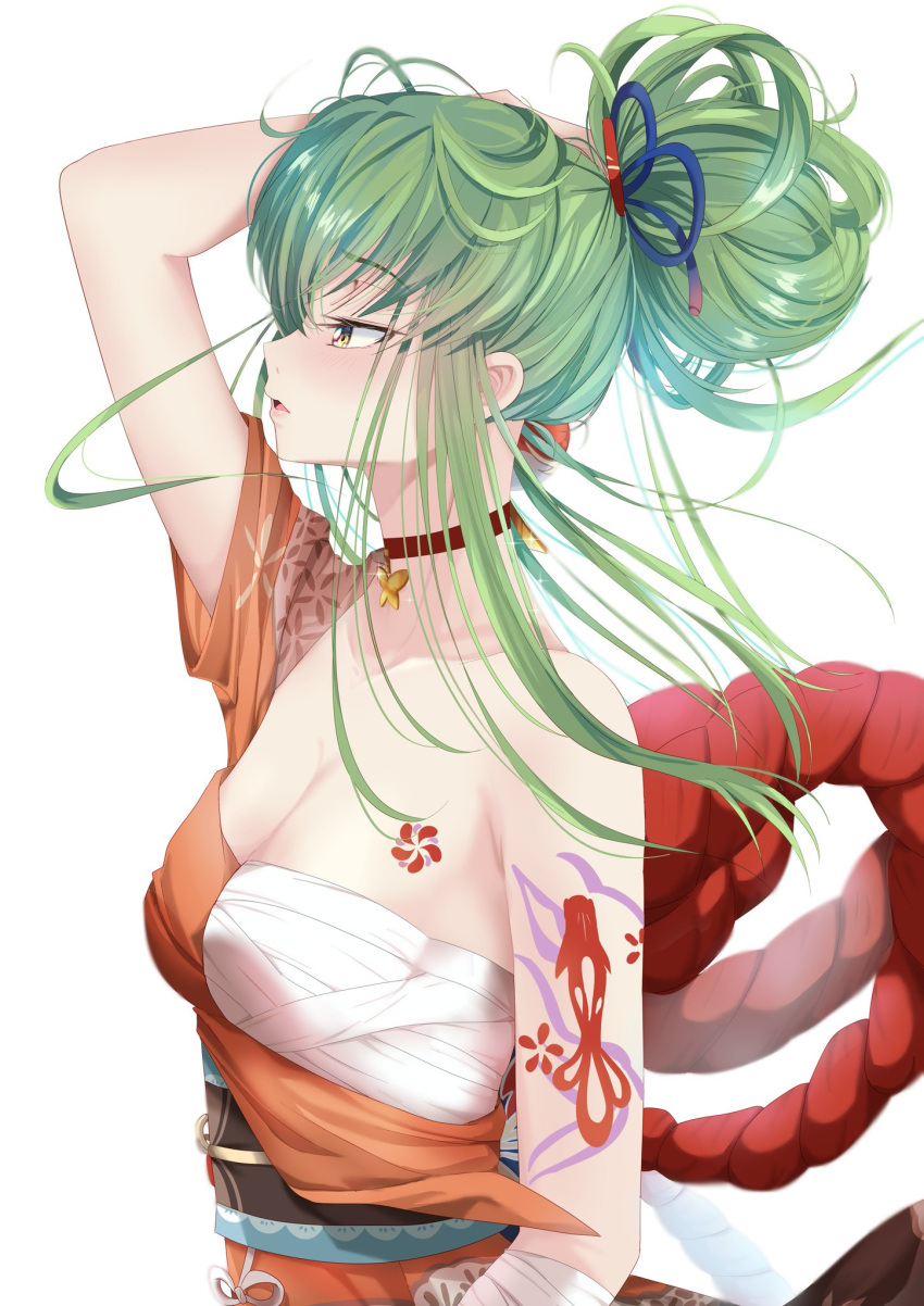 1girl arm_tattoo arm_up bandages black_sash breasts budgiepon c.c. chest_sarashi chest_tattoo choker cleavage code_geass collarbone commentary_request cosplay from_side genshin_impact green_hair hashtag_only_commentary highres japanese_clothes kimono long_hair obi orange_kimono parted_lips ponytail red_choker sarashi sash short_sleeves single_bare_shoulder small_breasts solo tattoo upper_body yellow_eyes yoimiya_(genshin_impact) yoimiya_(genshin_impact)_(cosplay)
