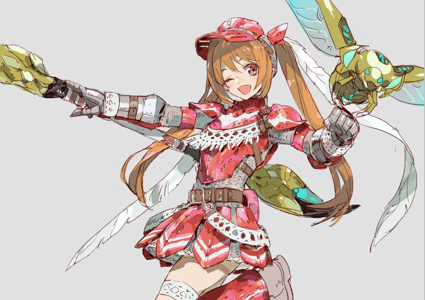 ;d alternate_costume alternate_headwear alternate_weapon armor armored_dress bad_id bad_twitter_id belt breastplate brown_hair chainmail cosplay eiyuu_densetsu estelle_bright faulds gauntlets gloves hermitaur_(armor) highres holding holding_weapon long_hair looking_at_viewer monster_hunter nishihara_isao one_eye_closed open_mouth pauldrons red_eyes smile solo sora_no_kiseki weapon