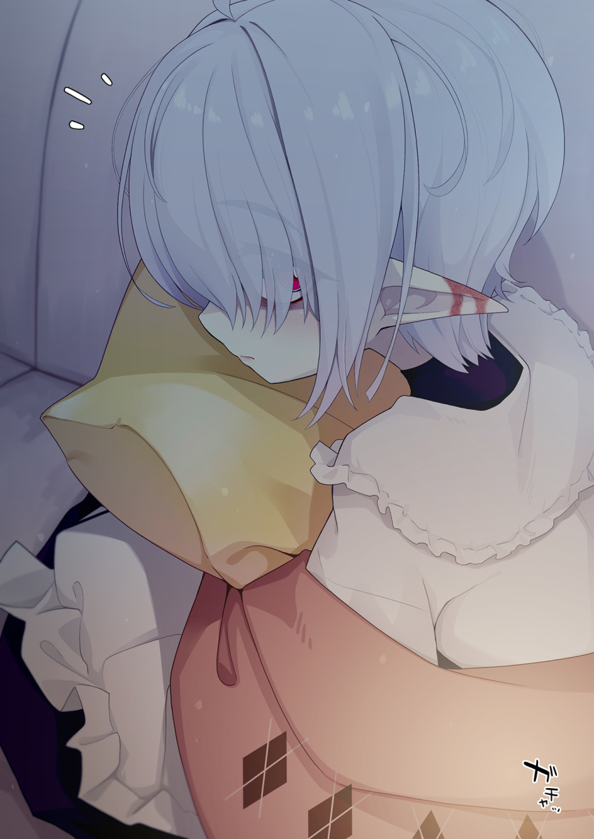 1girl abelia_(ogami_kazuki) bags_under_eyes black_dress burn_scar couch dress eyes_visible_through_hair frilled_dress frills from_side grey_hair hair_over_eyes highres hugging_object looking_at_viewer notice_lines ogami_kazuki on_couch original pillow pillow_hug pointy_ears red_eyes scar solo thick_eyebrows white_dress