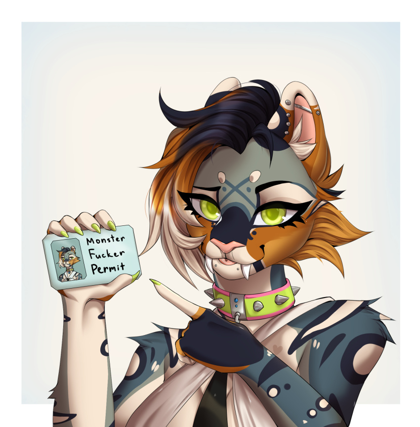 anthro biopulse collar ear_piercing ear_stud fangs felid feline female hi_res industrial_piercing mammal meme monster_fucker_permit piercing portrait saber-toothed_tiger sabertooth_(anatomy) sabertooth_feline solo spiked_collar spikes teeth yunnylynx