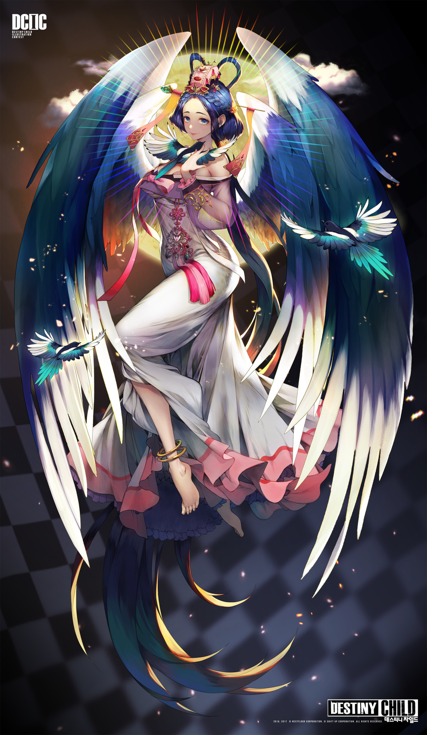 absurdres anklet bare_shoulders barefoot blue_eyes blue_hair braid cloud copyright_name crown_braid dated destiny_child dress full_body hair_ornament hair_rings hair_stick hand_up highres jewelry looking_at_viewer magpie see-through short_hair smile watermark white_dress wings yuri_(anachronic)
