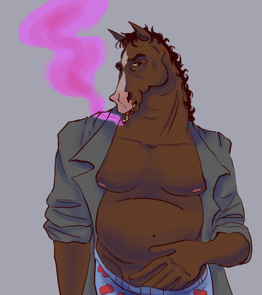 anthro big_breasts bojack bojack_horseman breasts dadbod equid equine hi_res horse male maletits mammal mature_male musclegut muscular netflix polyaaa96 smoke solo