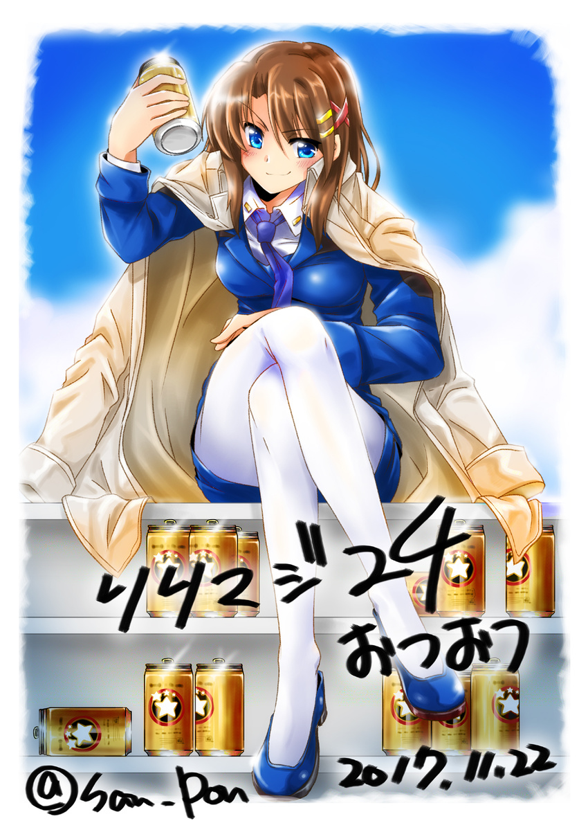 alcohol beer blue_eyes blue_footwear blue_jacket blue_neckwear blue_skirt brown_hair closed_mouth commentary_request convenient_leg crossed_legs dated dress_shirt eyebrows_visible_through_hair flats full_body hair_ornament hand_on_own_thigh highres holding jacket jacket_on_shoulders long_hair long_sleeves looking_at_viewer lyrical_nanoha mahou_senki_lyrical_nanoha_force military military_uniform miniskirt necktie pantyhose pencil_skirt san-pon shirt short_hair sitting skirt smirk solo translation_request tsab_naval_military_uniform twitter_username uniform v-shaped_eyebrows white_coat white_legwear white_shirt x_hair_ornament yagami_hayate