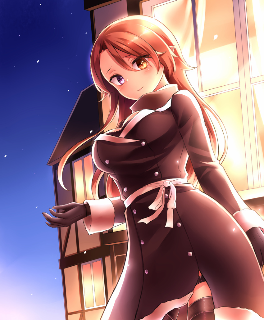 breasts brown_eyes brown_hair coat commentary_request cowboy_shot gloves hair_between_eyes hand_up heterochromia highres large_breasts long_sleeves looking_at_viewer neit_ni_sei night night_sky original pointy_ears scarf sky smile snowing solo standing thighhighs window