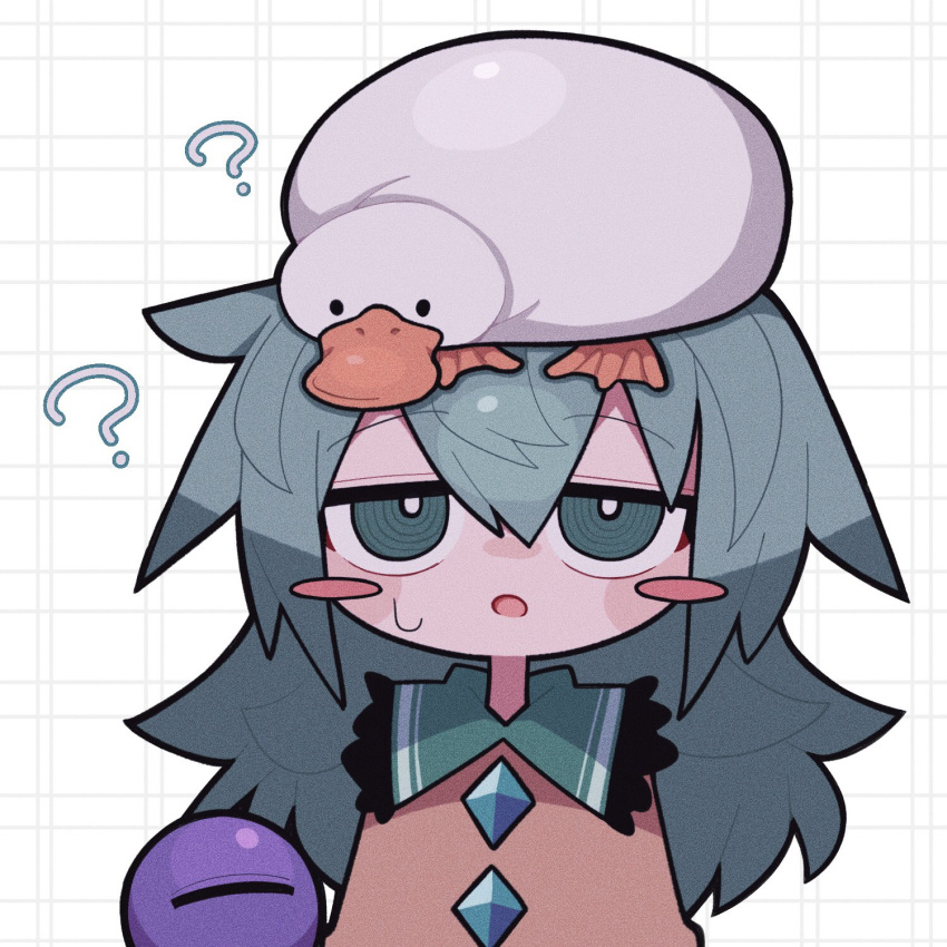 1girl ? bird blush buttons chibi diamond_button duck expressionless frilled_shirt_collar frills green_eyes highres komeiji_koishi long_hair looking_at_animal open_mouth sweatdrop sweater third_eye touhou upper_body white_background yellow_sweater zunusama