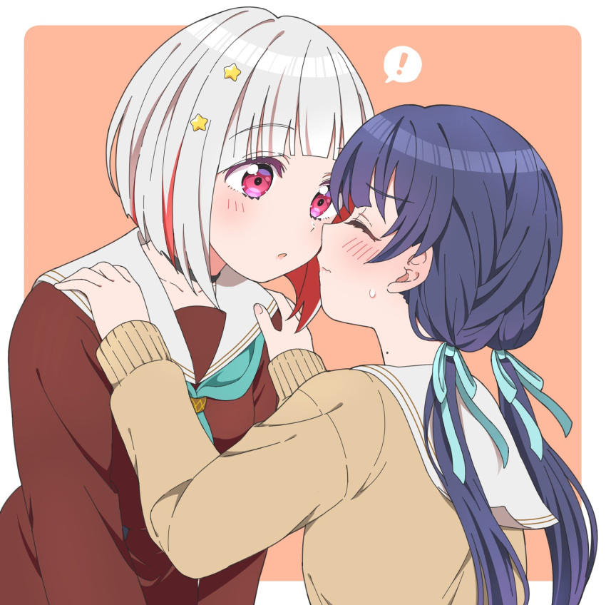 ! 2girls black_choker blue_hair blush bob_cut border brown_cardigan brown_dress cardigan choker closed_eyes closed_mouth collarbone colored_inner_hair commentary dollchestra dress facing_another green_neckerchief hair_ornament hands_on_another's_shoulders hasu_no_sora_school_uniform highres imminent_kiss jenny_(artist) link!_like!_love_live! long_hair long_sleeves looking_at_another love_live! multicolored_hair multiple_girls murano_sayaka neckerchief orange_background outside_border parted_lips pink_hair red_hair sailor_collar school_uniform short_hair sidelocks spoken_exclamation_mark star_(symbol) star_hair_ornament streaked_hair twintails upper_body white_border white_sailor_collar winter_uniform yugiri_tsuzuri yuri