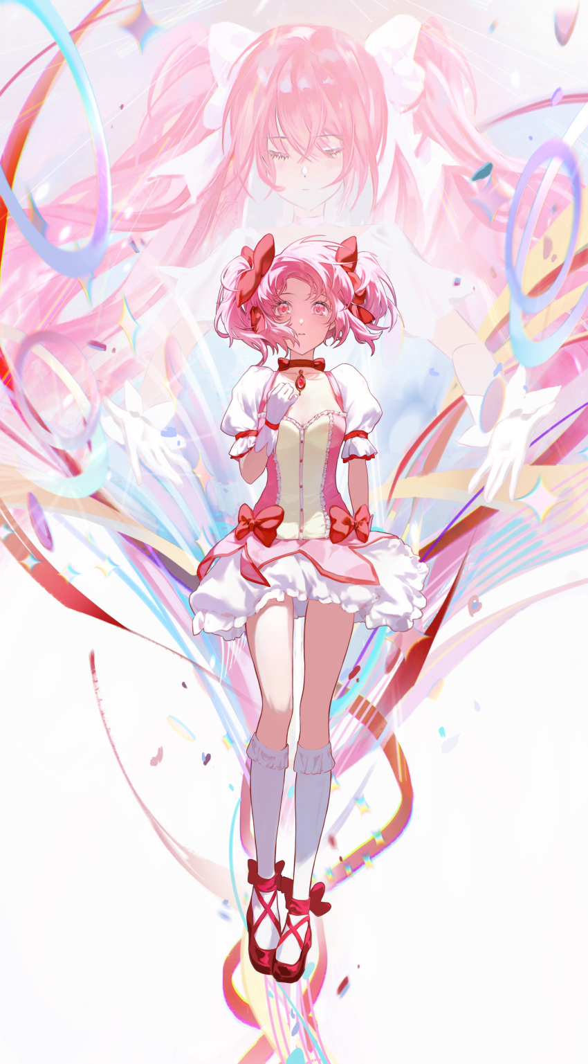 1girl absurdres bow breasts bubble_skirt closed_eyes dress dual_persona gloves hair_bow highres kaname_madoka kneehighs magical_girl mahou_shoujo_madoka_magica mahou_shoujo_madoka_magica_(anime) pink_bow pink_dress pink_eyes pink_hair pink_ribbon puffy_short_sleeves puffy_sleeves red_footwear ribbon shoes short_hair short_sleeves short_twintails skirt small_breasts socks soul_gem twintails ultimate_madoka white_gloves zutto_(dfvn7377)