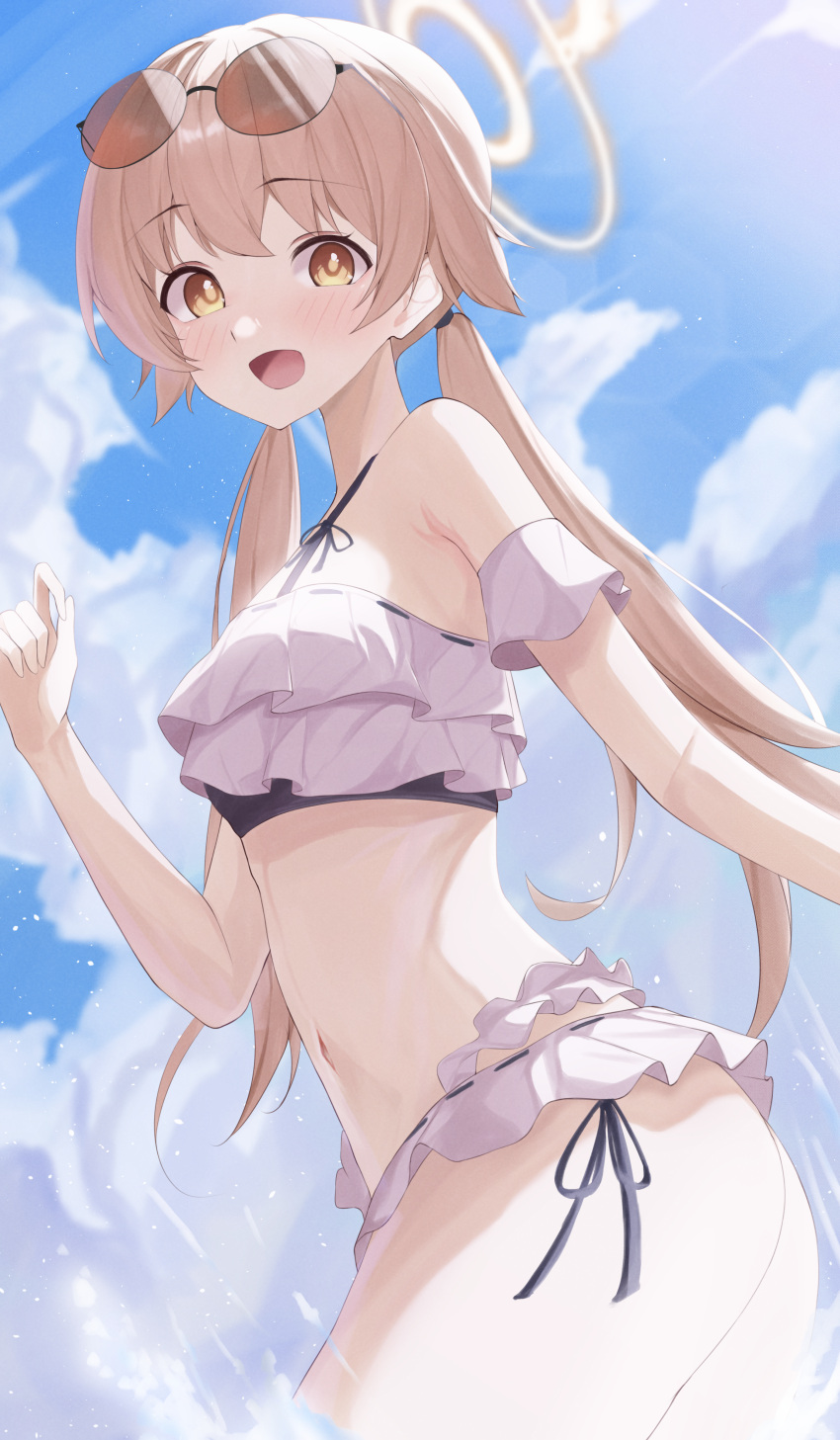 1girl absurdres bare_arms bare_legs bare_shoulders bikini blue_archive blush breasts cowboy_shot day eyewear_on_head frilled_bikini frills halo hifumi_(blue_archive) hifumi_(swimsuit)_(blue_archive) highres light_brown_hair long_hair looking_at_viewer low_twintails nvem8738 official_alternate_costume open_mouth outdoors small_breasts smile solo sunglasses swimsuit twintails white_bikini yellow_eyes yellow_halo