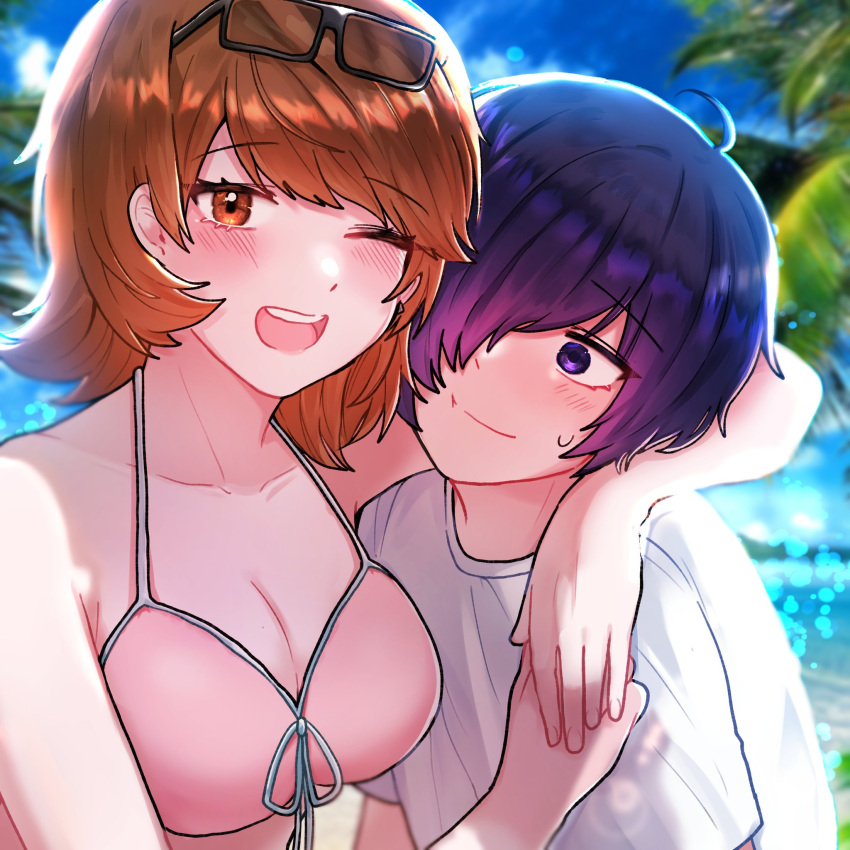 1boy 1girl arm_around_shoulder armpit_crease bare_arms bare_shoulders beach bikini blue_eyes blue_hair blue_sky blurry blurry_background blush breasts brown_eyes brown_hair cleavage closed_mouth collarbone commentary couple eyewear_on_head front-tie_bikini_top front-tie_top hair_over_one_eye halterneck hand_on_another's_shoulder highres looking_at_another looking_at_viewer medium_breasts mmx_0_xmm ocean official_alternate_costume one_eye_closed open_mouth outdoors palm_tree persona persona_3 persona_3_reload pink_bikini shirt short_hair short_sleeves sky smile sweatdrop swimsuit takeba_yukari tree upper_body white_shirt yuuki_makoto_(persona_3)