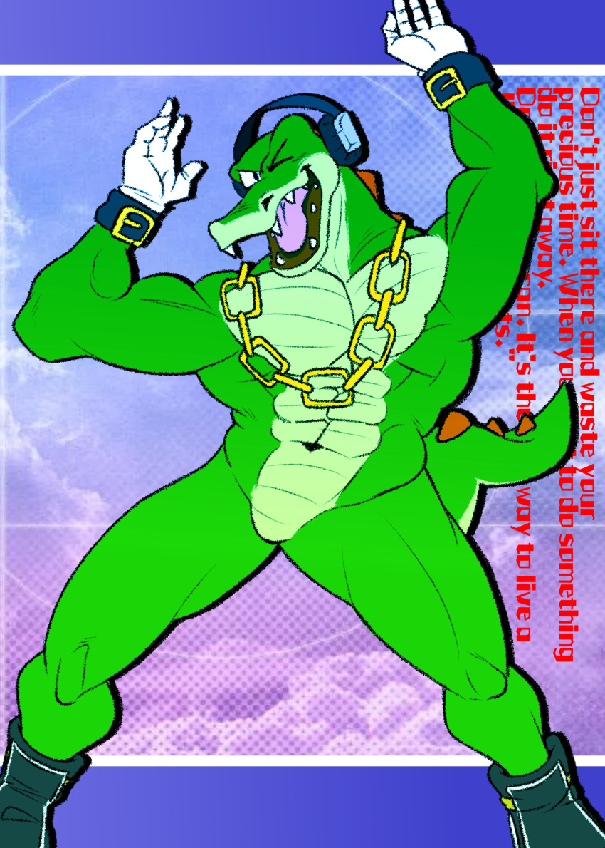 abs absurd_res anthro boots chain clothing crocodile crocodilian crocodylid cronolm electronics english_text fangs footwear gloves gold_(metal) gold_chain gold_jewelry green_body green_scales handwear headphones hi_res jewelry looking_at_viewer male muscular navel one_eye_closed open_mouth red_body red_scales reptile scales scalie sega solo sonic_the_hedgehog_(series) teeth text tongue vector_the_crocodile white_clothing white_gloves white_handwear wink