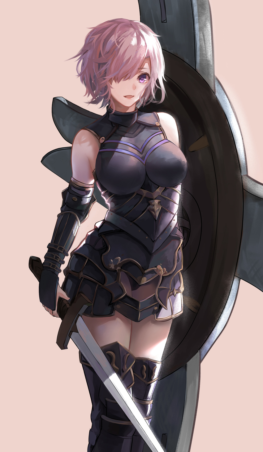 :d absurdres arm_guards armor armored_boots bare_shoulders black_footwear blush boots breasts brown_background buckle cowboy_shot elbow_pads fang fate/grand_order fate_(series) faulds hair_over_one_eye highres holding holding_sword holding_weapon looking_at_viewer mash_kyrielight medium_breasts milu_(pixiv8523021) open_mouth pink_hair purple_eyes shield short_hair simple_background smile solo standing sword thigh_boots thighhighs weapon wrist_guards