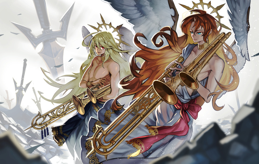 2boys angel angel_wings aqua_eyes blonde_hair bracer carrying carrying_under_arm closed_mouth curtained_hair falling_leaves feet_out_of_frame fringe_trim gold_collar green_robe hair_between_eyes halo_behind_head holding holding_instrument instrument leaf long_hair male_focus multiple_boys original parted_lips planted planted_sword red_eyes red_hair red_sash robe rubble ruins sash sennohajime smile sword toga toned toned_male topless_male trombone wavy_hair weapon white_robe wings