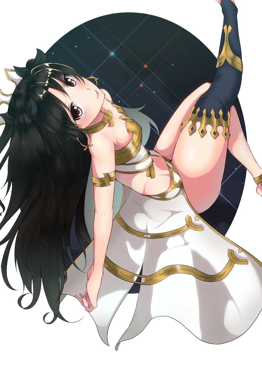 absurdres anklet asymmetrical_legwear bangs black_hair black_ribbon crown detached_collar earrings fate/grand_order fate_(series) hair_ribbon highres hip_bones hoop_earrings ishtar_(fate/grand_order) jewelry long_legs looking_at_viewer midriff misonikomi neck_ring parted_bangs pelvic_curtain red_eyes ribbon single_thighhigh smile solo thighhighs two_side_up