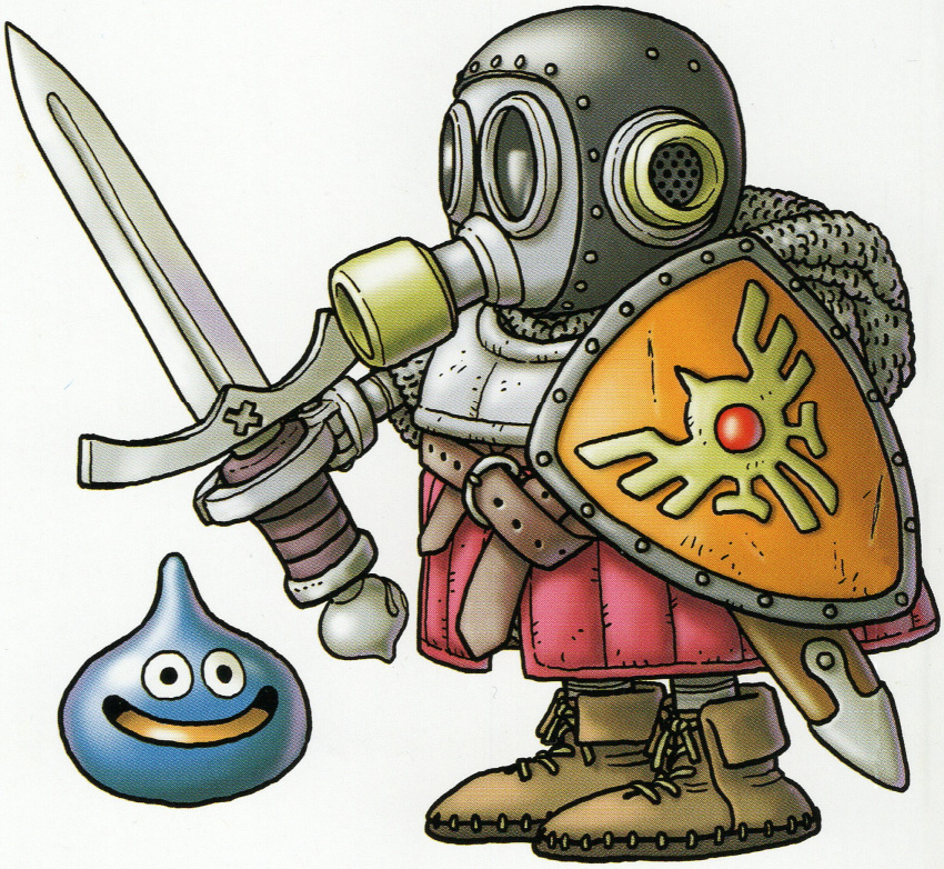 1boy armor armored_skirt artist_self-insert belt belt_buckle black_eyes black_outline brown_belt brown_footwear buckle chainmail commentary cross-laced_footwear dragon_quest full_body happy highres holding holding_shield holding_sword holding_weapon male_focus moccasins no_nose official_art outline parted_lips robot sheath shield shoes simple_background slime_(dragon_quest) smile solid_circle_eyes standing sword tongue toriyama_akira toriyama_akira_(character) weapon white_background