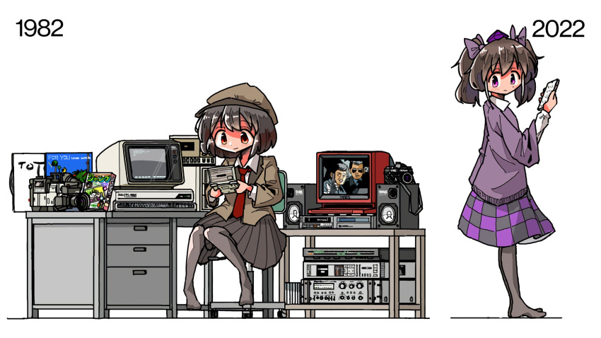 barefoot black_hair brown_hair brown_hat brown_jacket cabbie_hat camera cellphone chair checkered_clothes computer desk flat_cap hat highres himekaidou_hatate jacket kasuya_baian long_sleeves necktie no_wings pantyhose phone pleated_skirt record record_jacket red_eyes red_necktie shameimaru_aya shameimaru_aya_(newsboy) shirt short_hair skirt smartphone speaker suit_jacket table television tokin_hat touhou twintails white_shirt