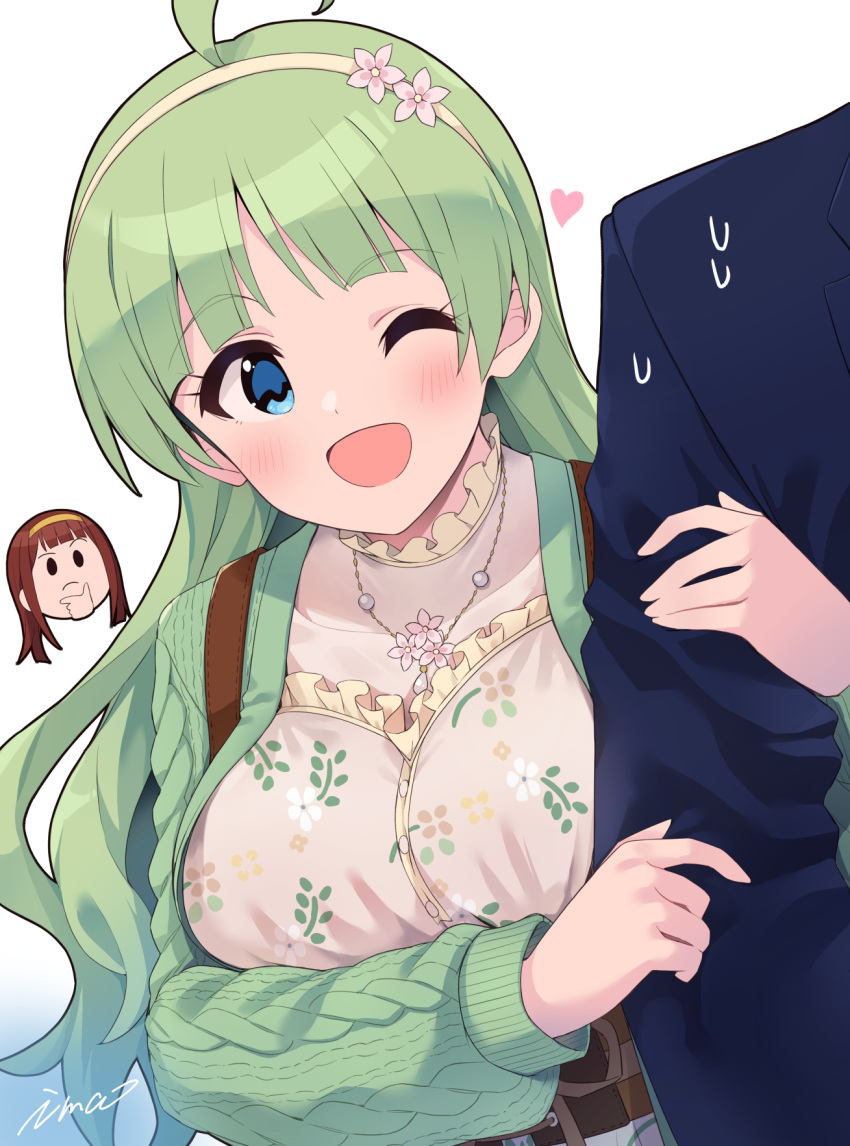 1boy 2girls :&lt; :d ahoge artist_name blue_eyes blunt_bangs blush breasts dot_nose eyelashes floral_print_shirt flower green_hair green_sweater hair_flower hair_ornament hairband hand_on_own_chin head_only heart highres holding_another's_arm idolmaster idolmaster_million_live! idolmaster_million_live!_theater_days ima_(lm_ew) jewelry lace-trimmed_shirt lace_trim large_breasts long_hair long_sleeves multiple_girls necklace one_eye_closed open_mouth producer_(idolmaster) red_hair shimabara_elena shirt sidelocks smile suit sweat sweater tanaka_kotoha upper_body wavy_hair yellow_hairband