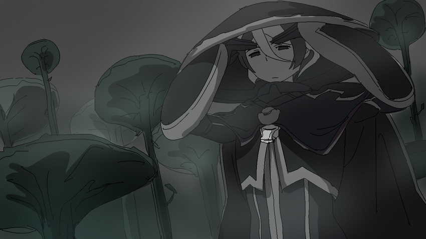 black_cape black_eyes black_hair black_jacket cape closed_mouth commentary_request gauntlets hair_between_eyes hands_up hat jacket jitome long_sleeves looking_at_viewer made_in_abyss multicolored_hair ozen servomotorr short_hair solo standing two-tone_hair whistle