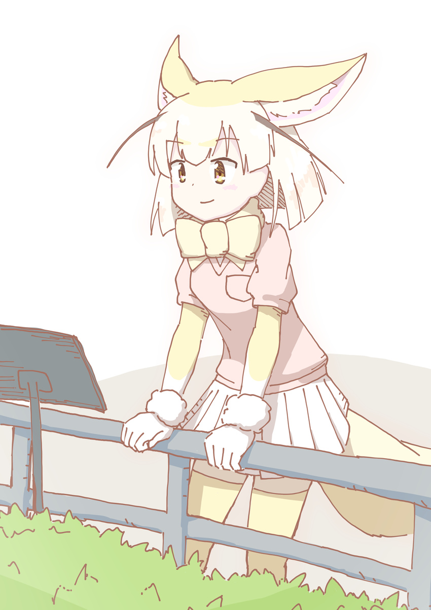 absurdres animal_ears blonde_hair bow bowtie breast_pocket commentary_request fence fennec_(kemono_friends) fox_ears fox_tail fur_trim gloves highres kemono_friends pocket short_sleeves smile solo tail uepon_(shimo_ponzu) white_gloves yellow_eyes yellow_legwear yellow_neckwear