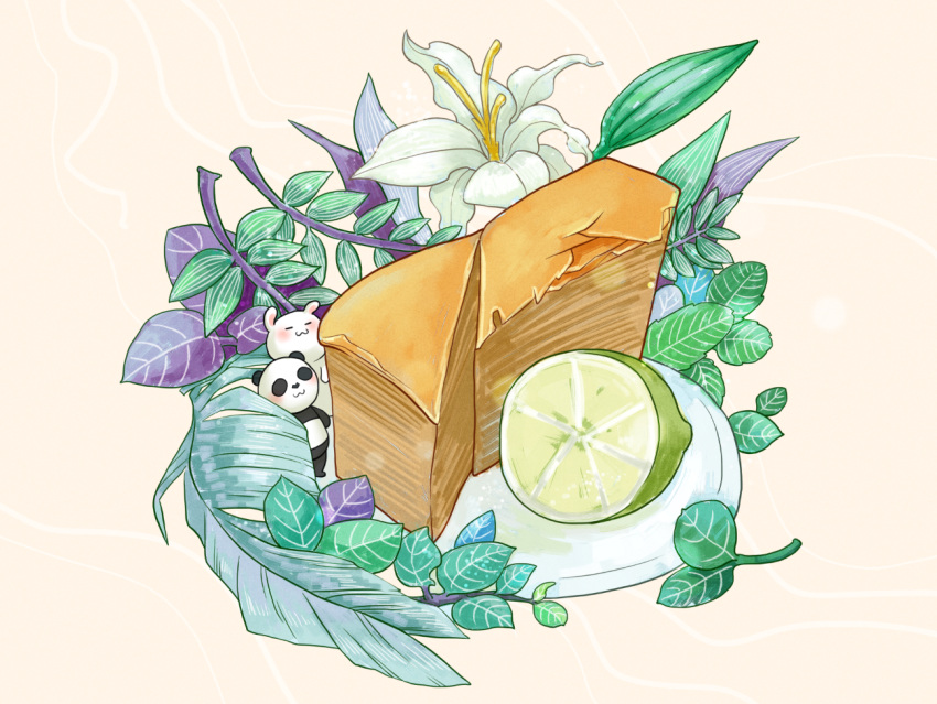 abaoyin baklava flower food food_focus fruit leaf lime_(fruit) no_humans original painttool_sai_(medium) panda plate rabbit